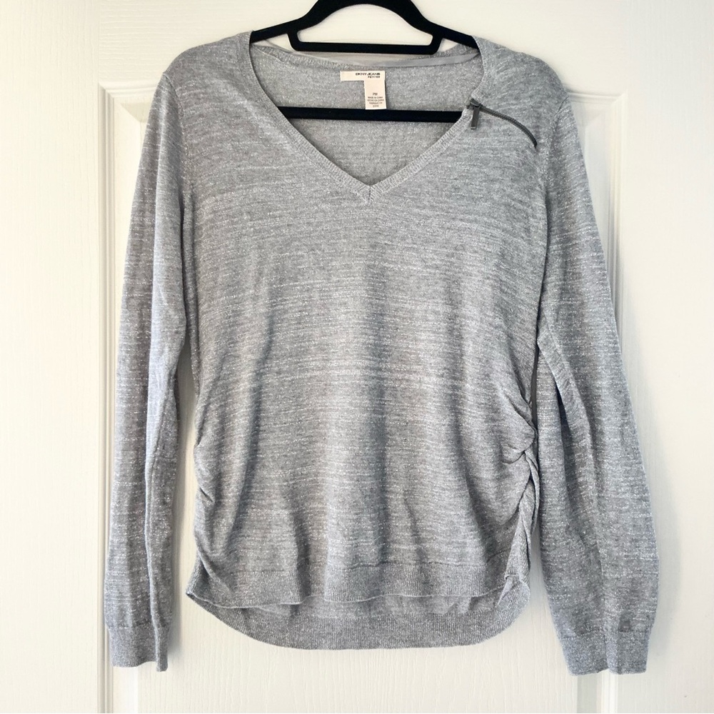 DKNY Petite Gray Silver V-neck long-sleeve Shine Glitter Sweater Zipper Medium
